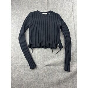 Vince Women's S Black Ribbed Crop Pullover Sweater Cotton Distressed Grunge Punk